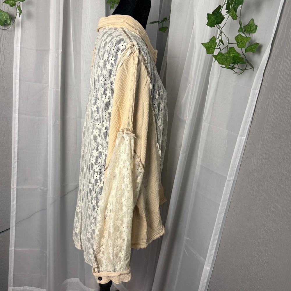 POL Womens Tan Lace Mixed Media Button Down Shirt Oversized Raw Hem M - Picture 9 of 10